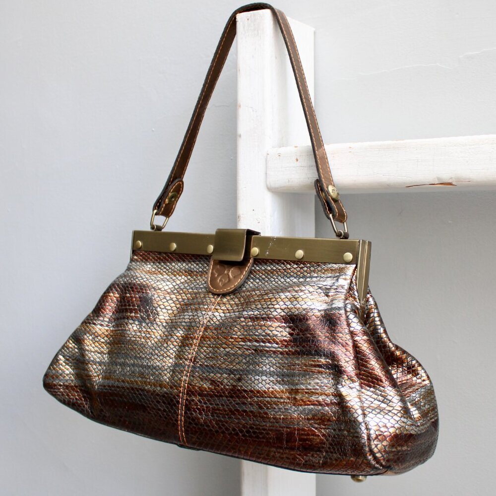Patricia Nash Metallic Gold Brass Silver Snakeskin Leather Purse Shoulder Bag - Picture 2 of 8